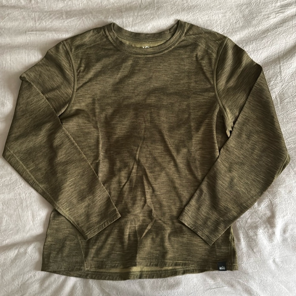REI Shirt Mens Long Sleeve Crew Neck Green Stretch Lightweight Workout Shirt